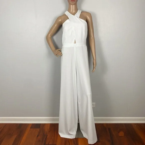 ALICE + OLIVIA WHITE CRISS-CROSS FRONT WIDE LEG JUMPSUIT